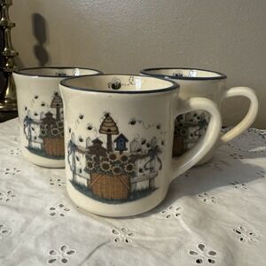 3 Vtg‎ BUCKEYE STONEWARE Coffee Mugs Cups Garden BeeHive Basket Bird House USA